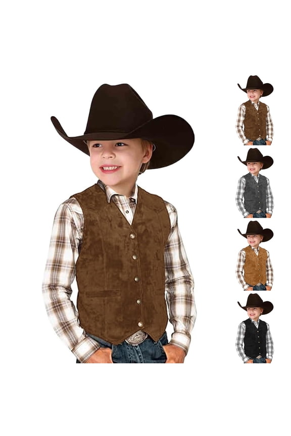 Kids Suede Western Vest, Cowboy Style Open Front Waistcoat for Boys and Girls