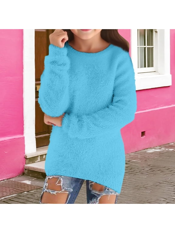 Kids Fuzzy Knitted Sweater Youth Fluffy Pullover Soft Thick Warm Winter Sweater for Boys Girls 5-16 Years
