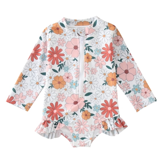 RTKFRFLM Kids Girls Long Sleeve One Piece Swimsuit Full Zip Floral Print Rash Guard Athletic Beach Bathing Suit Sun Protection Wear