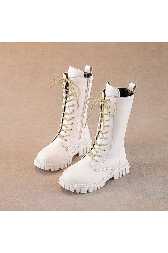 Kids Gold Lace-Up Combat Boots Shiny Leather Princess Long Boots with Soft Sole for Party and Everyday Wear