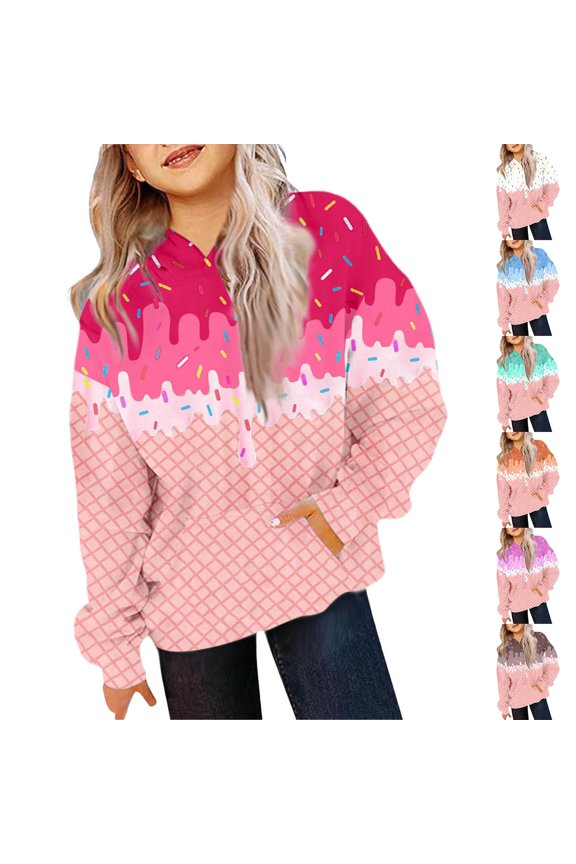 Kids Hooded Sweatshirt with Ice Cream Print, Cute Pullover Hoodie for Boys and Girls Ages 2–12