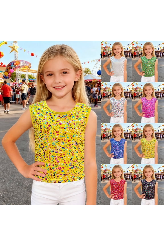 Kids Leopard Sequin Performance Tank Top Kindergarten Photography Stage Girls Sparkly Sleeveless Graphic Vest Glitter Dance Recital Outfit Shiny Celebration