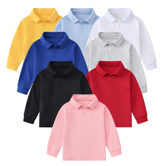 RTKFRFLM Kids Long Sleeve Polo Shirt Classic Gentleman Lapel Collar Cotton Top White 5-6 Years