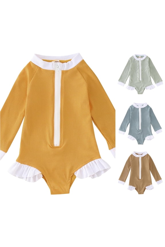 Kids One Piece Swimsuit Long Sleeve Solid Color Ribbed Striped Ruffle Bikini Bathing Suit Rash Guard Girls
