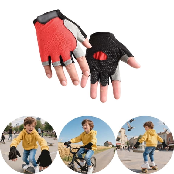 RTKFRFLM Kids Outdoor Cycling Gloves Half Finger Breathable Non Sports Mittens for Boys Girls Biking Skating Physical Training Exercise Accessories Red 8-10