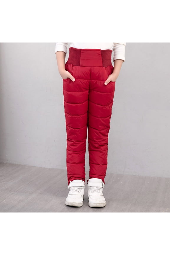 Kids Padded Down Winter Pants Boys Girls High Waist Warm Insulated Trousers Heavyweight Outdoor Snow Bottoms