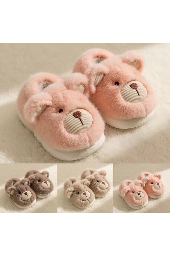 Kids Plush Bear Slippers Warm Lined Indoor Winter House Shoes Beige 7-8 Years