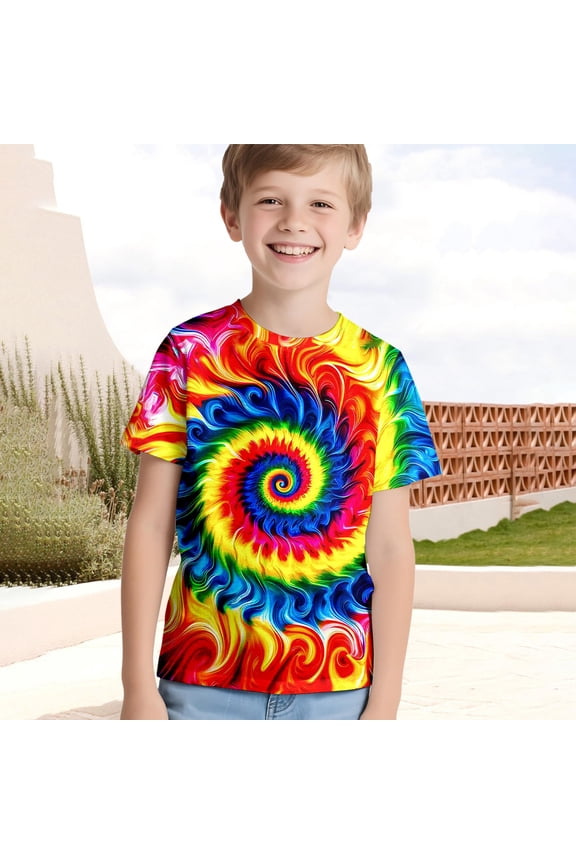 Kids Psychedelic Tie Dye T-Shirt Neon Pattern Print Crewneck Short Sleeve Summer Beach Party Tee Top 3-13 Years