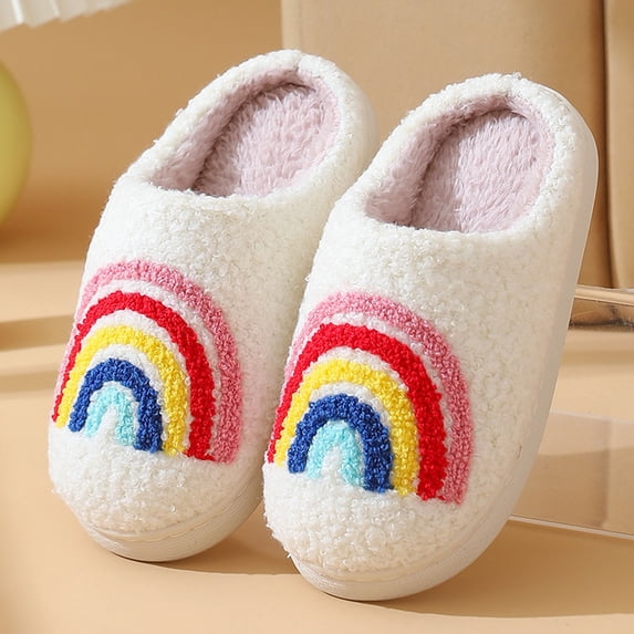 RTKFRFLM Kids Rainbow Embroidery Slippers Warm Non- Indoor House Shoes Multicolour 4-5 Years