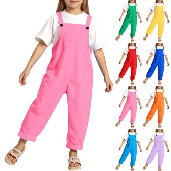 RTKFRFLM Kids Relaxed Fit Overalls Candy Color Adjustable Strap Jumpsuit Red 8-9 Years