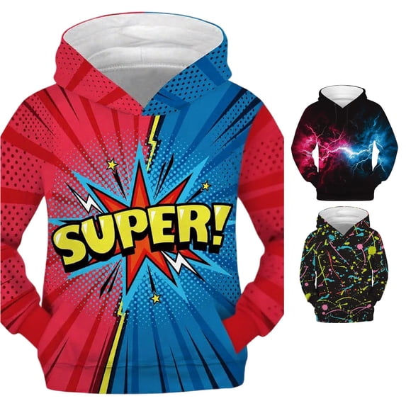 RTKFRFLM Kids SUPER Letter Graphic Hoodie Boys Girls Colorblock Sweatshirt Trendy Long Sleeve Pullover Casual Active Outfit