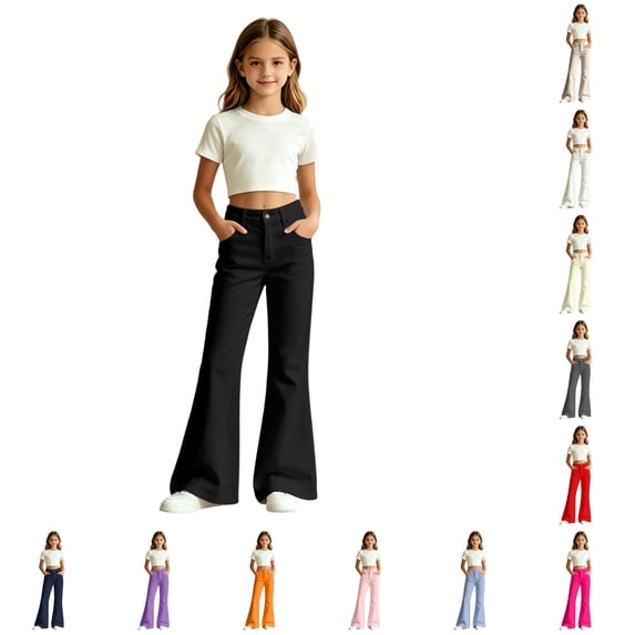 RTKFRFLM Kids School Uniform Bootcut Flared Pants Solid Color Casual Double Pocket Trousers for Back to School Clothes for Girls
