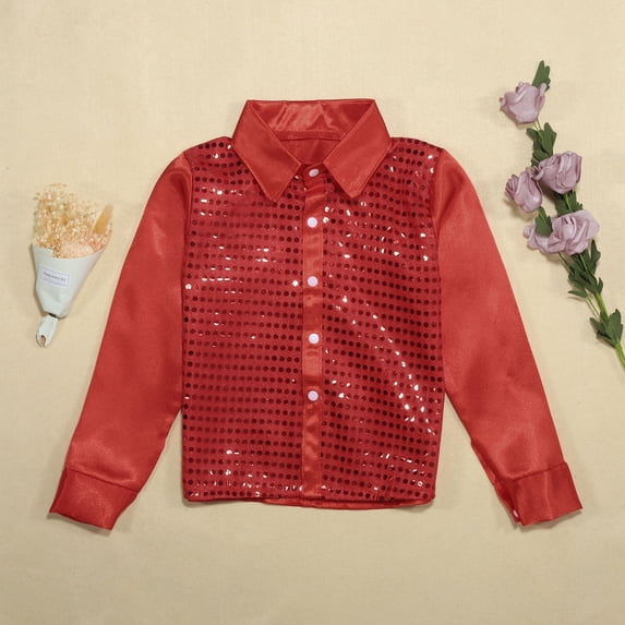 RTKFRFLM Kids Sequin Dress Shirt Shiny Metallic Performance Button-Down Top White 7-8 Years