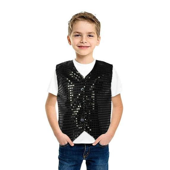 RTKFRFLM Kids Sequin Performance Vest Sparkly Party Celebration Waistcoat for Stage Black 4-5 Years