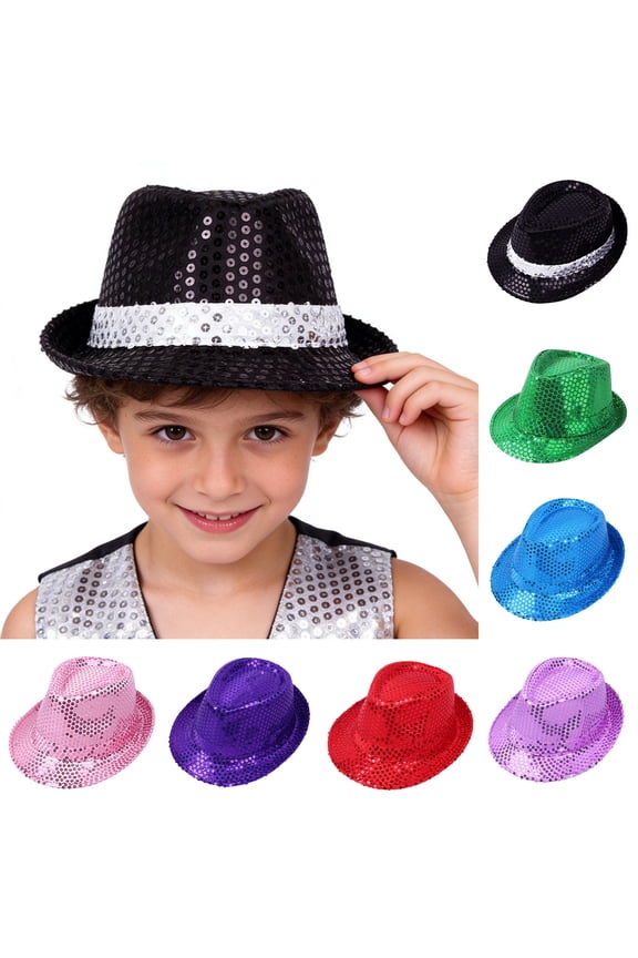 Kids Sequins Fedora Hat Shiny Glitter Jazz Dance Hats Stage Performance Show Party Top Hat Magic Show Caps Accessories for Boys Girls Children's Day