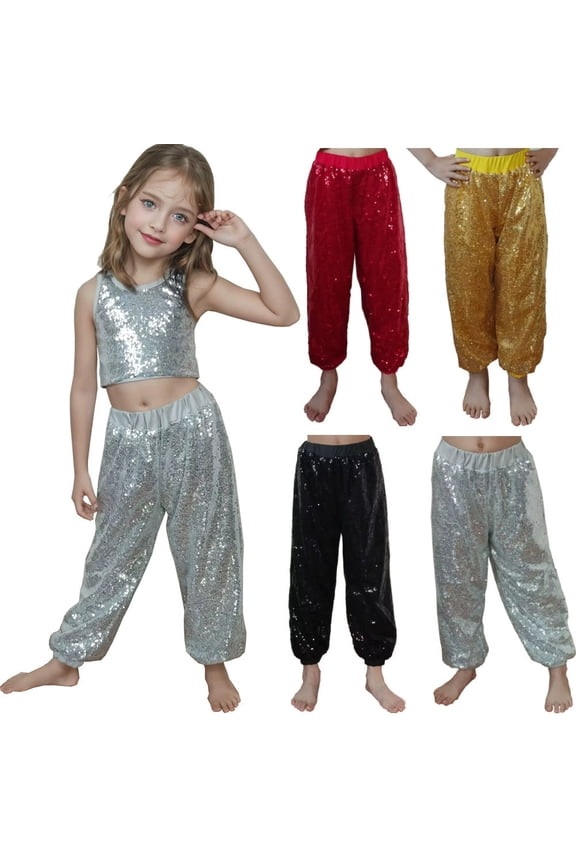 Kids Shiny Sequin Joggers Metallic -Hop Performance Harem Pants Silver 5-6 Years