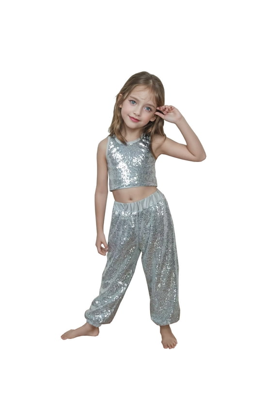 Kids Shiny Sequin Joggers Metallic -Hop Performance Harem Pants Silver 5-6 Years