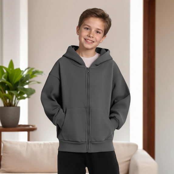 RTKFRFLM Kids Solid Color Zip-up Hoodie Casual Hooded Cardigan Jacket for Boys and Girls Grey 13-14Years