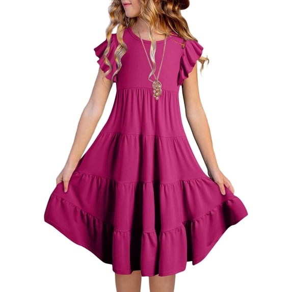 RTKFRFLM Kids Solid Round Neck Ruffle Sleeve Tiered Cake Dress Sweet Princess Party Gown for Girls Summer Birthday Wedding Guest School Formal Outfits White 12-13 Years