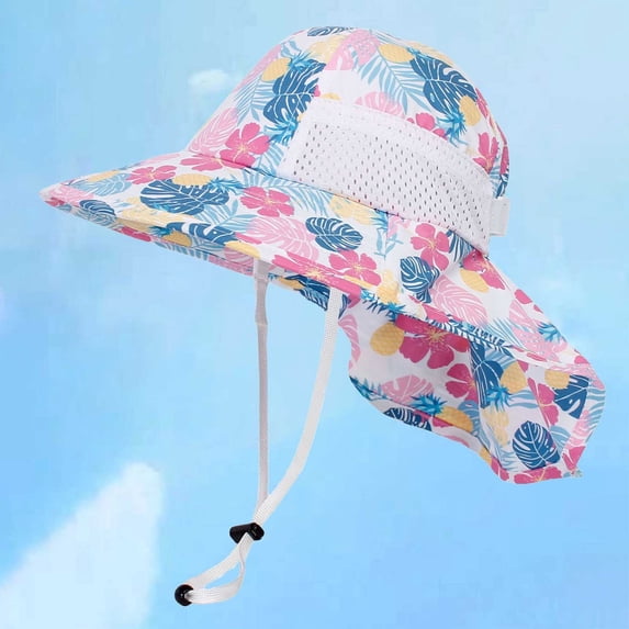 RTKFRFLM Kids Sun Protection Bucket Hat Print Beach Sun Hat with Neck Flap Pink S