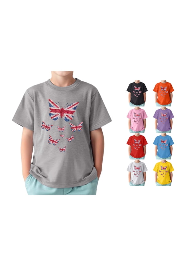 Kids Union Jack Butterfly T-Shirt Beautiful British Flag Graphic Crewneck Short Sleeve United Kingdom Tee 1-13Y