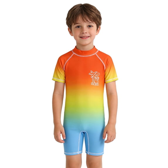 RTKFRFLM Kids Unisex One Piece Swimsuit Neon Gradient Palm Tree Print Short Sleeve Rash Guard Surfing Suit 6M-7Y