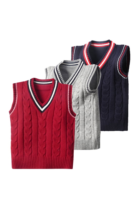 Kids V-Neck Sweater Vest Cable Knit School Style Sleeveless Pullover Red 2-3 Years