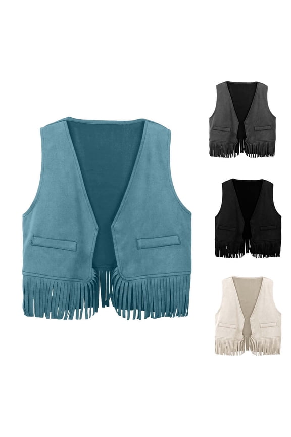 Kids Western Cowboy Vest Unisex Tassel Suede Waistcoat for Party Performance Black 11-12 Years