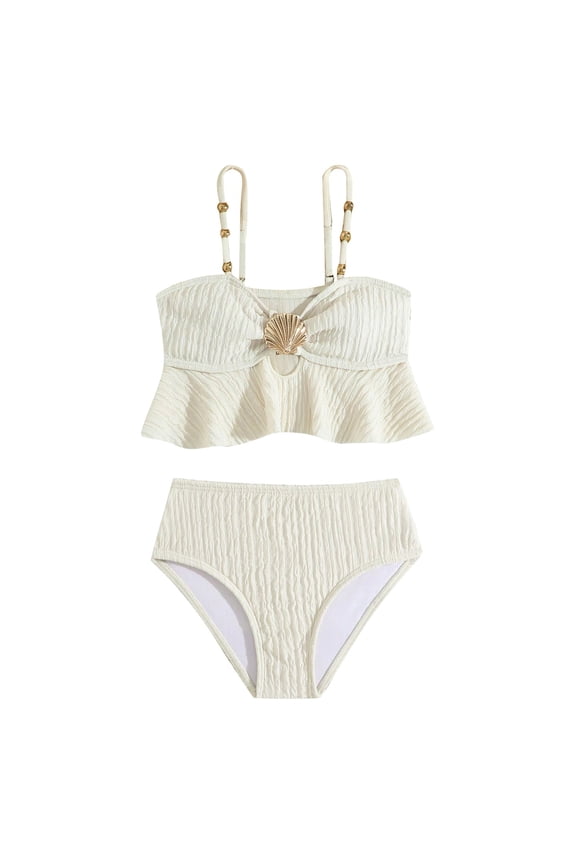 Little Girls Shell 2-Piece Bikini Set, Ruffled Flutter Sleeve Swimming Training Suit