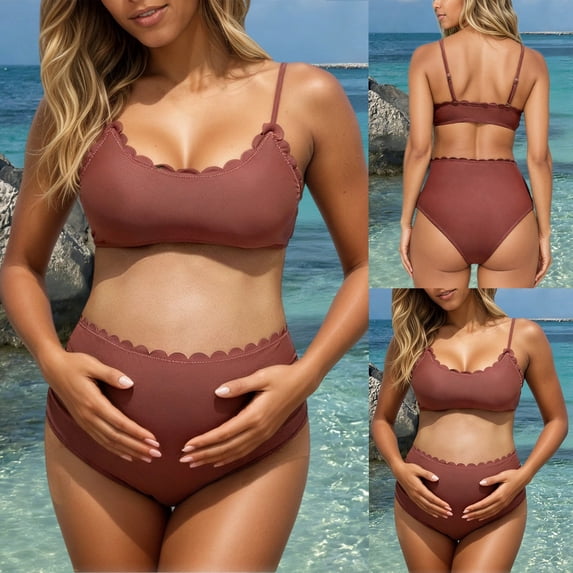 RTKFRFLM Maternity Backless Bikini Set High Waisted Solid Color Pregnancy Swimwear Coffee M