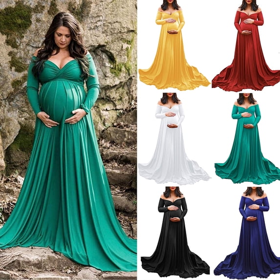 RTKFRFLM Maternity Photography Gown Mercerized Cotton V-Neck Long Tail Pregnancy Dress Blue L