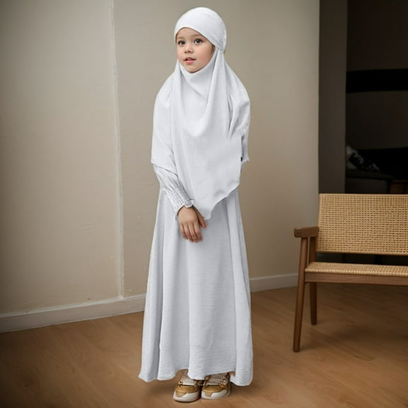 RTKFRFLM Muslim Girls Dresses Round Neck Ruffled Kid Solid Color Dress With Pattern Flounce Abaya Maxi Arabic Dresses,Size 3-4 Years