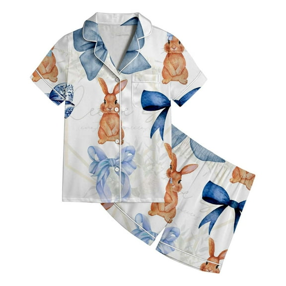 RTKFRFLM Pajamas For Girls 2 Piece Sleepwear Set Short Sleeve Bow Print Pajamas Soft Nightwear Kids Casual Outfit Pjs Sleepwear Loungewear,Size 6 Years-7 Years