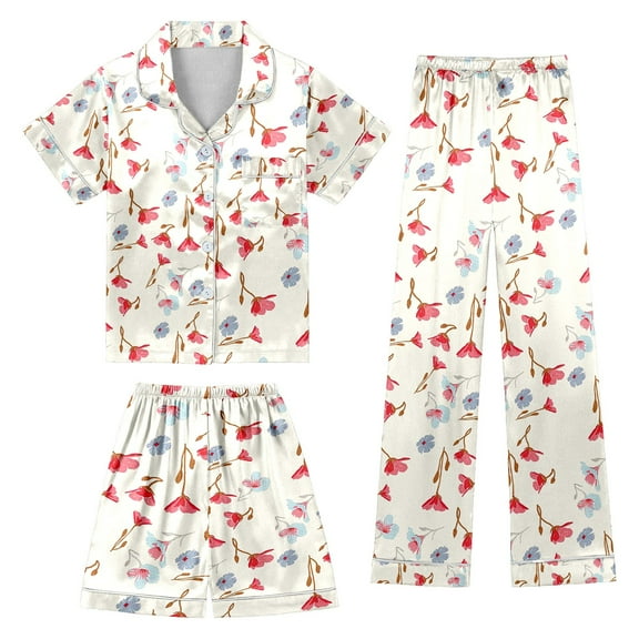 RTKFRFLM Pajamas For Girls Button Down Pajama Set 3Pcs Short Sleeve Long Pants With Shorts Crepe Wrinkled Fabric Sleepwear Nighty Pjs Sleepwear Loungewear,Size 10 Years-11 Years