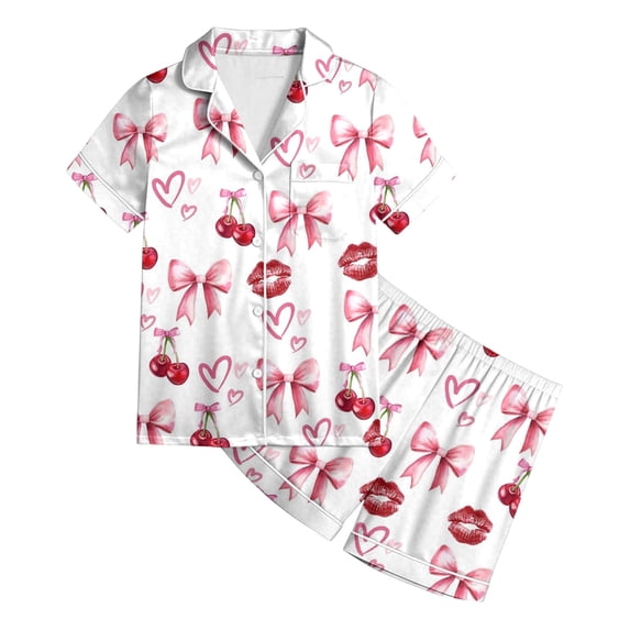 RTKFRFLM Pajamas For Girls Collared Short Sleeved Fruit Colored Lipstick Printed Shirt With Loose Waist Pants Short Shorts Pajama Set Sleeping Pjs Sleepwear Loungewear,Size 4 Years-5 Years