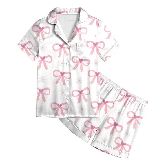 RTKFRFLM Pajamas For Girls Lapel Short Sleeved Bowknot Full Print Top Elastic Waist Shorts 2 Piece Pajamas Pjs Sleepwear Loungewear,Size 8 Years-9 Years