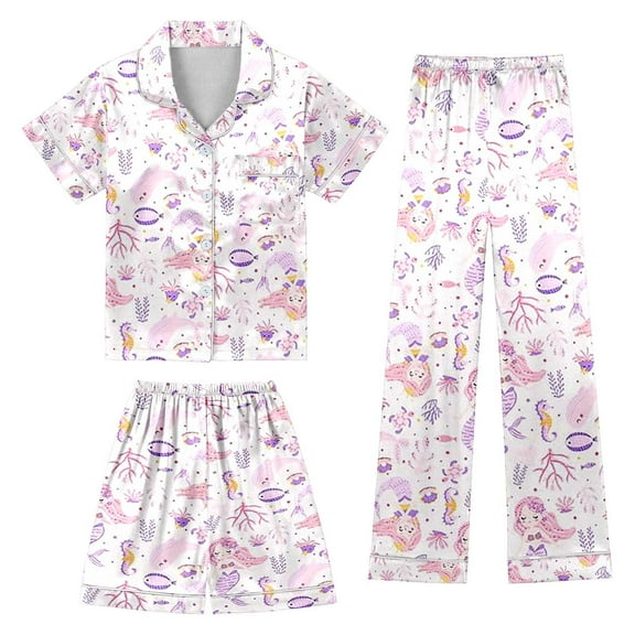 RTKFRFLM Pajamas For Girls Silk Like Soft Button Pajamas 3 Piece Pajama Set Short Sleeve Long Pants With Shorts Pjs Sleepwear Loungewear,Size 12 Years-13 Years