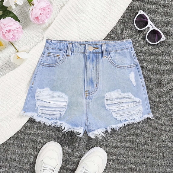 RTKFRFLM Girls Distressed Denim Shorts Fashionable Ripped Jean Shorts Light Blue 14 Years
