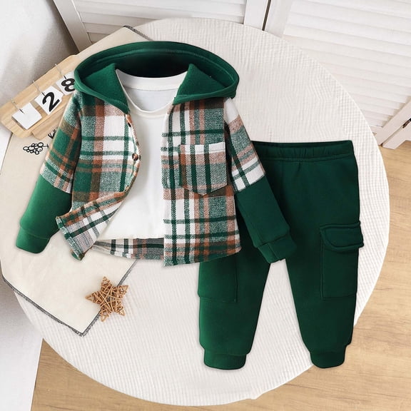 RTKFRFLM Toddler Boy Clothes Winter Fall Outfits Flannel Plaid Hoodie Sweatshirt White T-Shirt Sweatpants Sets for Boy