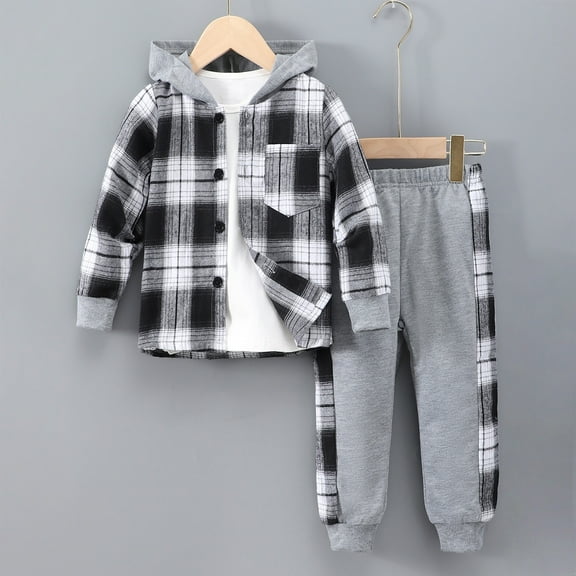 RTKFRFLM Toddler Boy Clothes Winter Fall Outfits Flannel Plaid Hoodie Sweatshirt White T-Shirt Sweatpants Sets for Boy