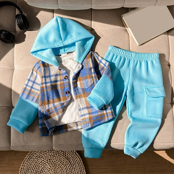 RTKFRFLM Toddler Boy Clothes Winter Fall Outfits Flannel Plaid Hoodie Sweatshirt White T-Shirt Sweatpants Sets for Boy