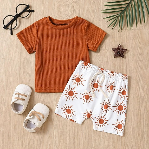 RTKFRFLM Toddler Boy Summer Shorts Set 2 Piece Short Sleeve Cartoon Cow Dinosaur Prints T Shirt Pullover Tops Shorts Clothes Set Outfits,Size 6-9 Months