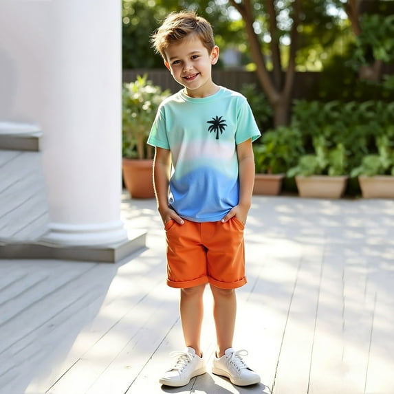 RTKFRFLM Toddler Boy Summer Shorts Set 2 Piece Short Sleeve Cute Prints T Shirt Tops Shorts Kids Clothes Set Outfits,Size 5-6 Years