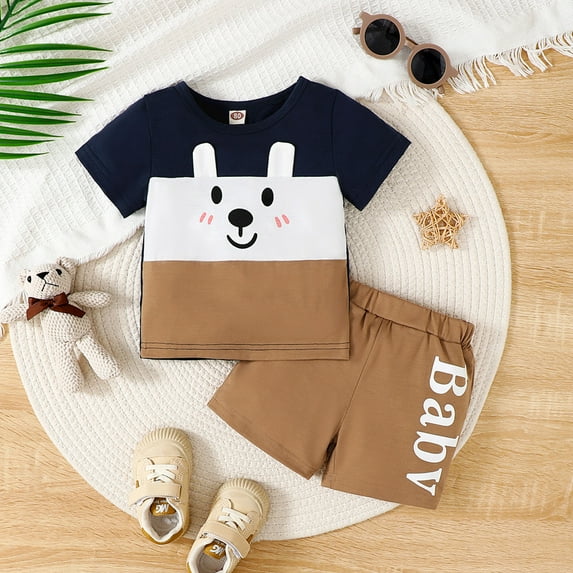 RTKFRFLM Toddler Boy Summer Shorts Set 2 Piece Summer Sunshine Handsome Splicing Design Sense Cartoon Suit Short Sleeved Clothes Set Outfits,Size 3-6 Months