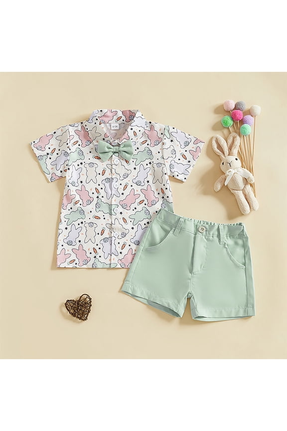 Toddler Boys Easter Gentleman Suit, Baby Summer Short Sleeve Bunny Print Button Down Shirt and Shorts 2-Piece Outfit, Stylish Kids Festive Sunday Formal Clothing Set for Spring