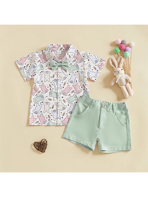 Toddler Boys Easter Gentleman Suit, Baby Summer Short Sleeve Bunny Print Button Down Shirt and Shorts 2-Piece Outfit, Stylish Kids Festive Sunday Formal Clothing Set for Spring