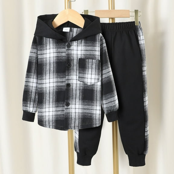 RTKFRFLM Toddler Boys Girls Long Sleeve Patchwork Plaid Prints T Shirt Hooded Tops Pants Outfits