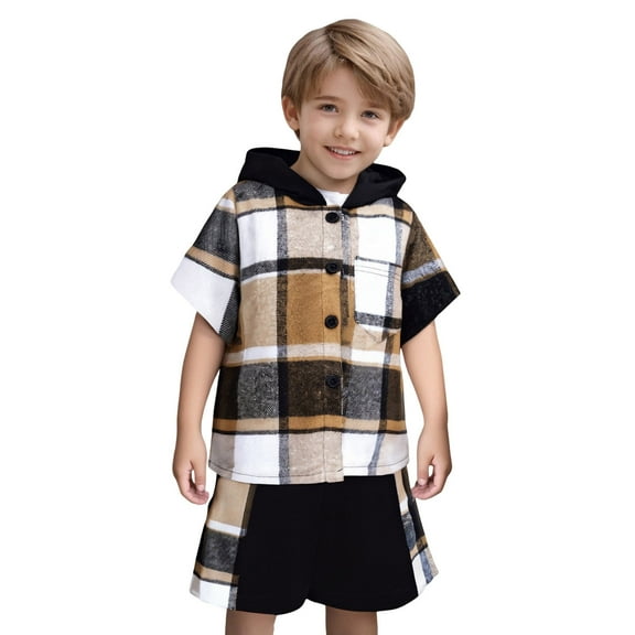 RTKFRFLM Toddler Boys Girls Short Sleeve Plaid Hoodie Outfit-TShirt Pants Summer Comfortable Clothes