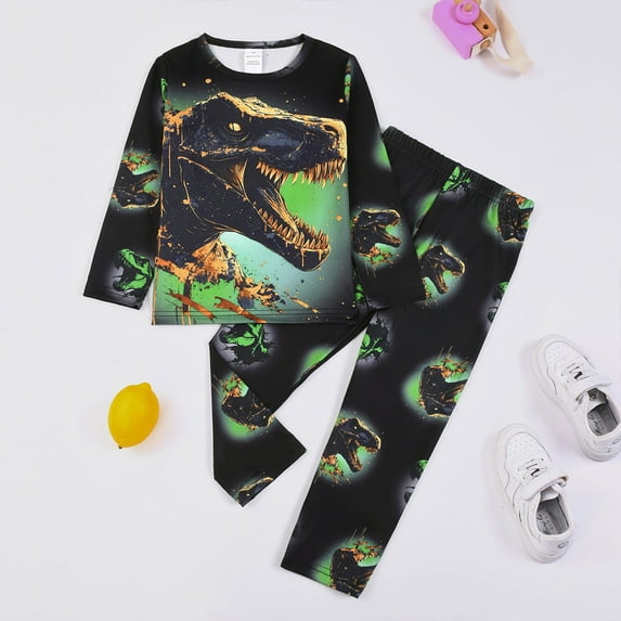 RTKFRFLM Toddler Boys Pajamas Set 2 Piece Camo Dinosaur Print Pajama Long Sleeve Night Glow Loungewear Jumpsuit Sleepwear Nightgown Pjs Loungewear