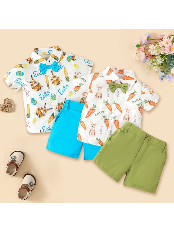 Toddler Easter Bunny Print Lapel Shirt and Shorts 2-Piece Set, Kids Short Sleeve Button Down Top Gentleman Suit, Fashionable Holiday Festive Sunday Outfit for Boys